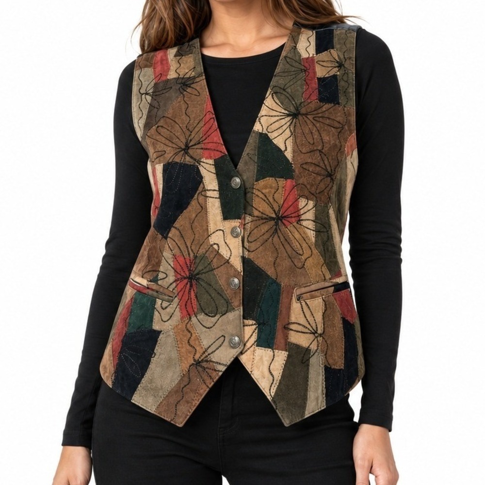 A.J. Patchwork Leather Vest Womens Large Multicolor Western Boho Embroidered